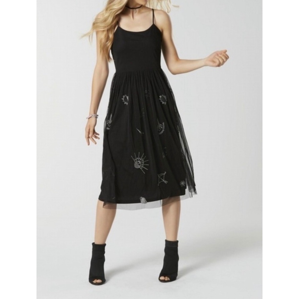 Y2K Bongo Tulle Midi Dress Juniors Large Black Celestial‎ Goth Witchy Indie Mesh